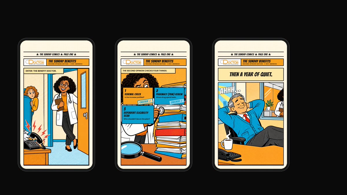 Three comic motion ads in phone frames