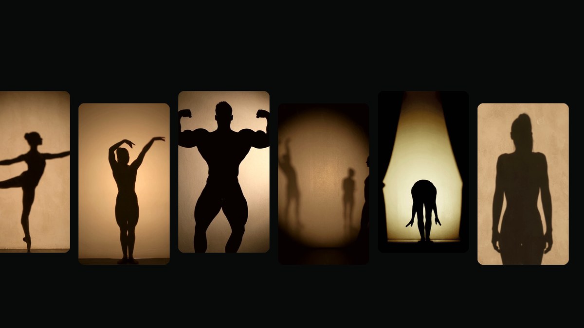 A wall of shadow films: dancers and athletes silhouetted on a lit wall